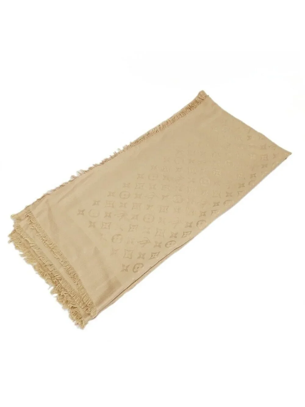 Louis Vuitton Heaven Shawl Large Monogram Fringe Silk Wool Beige Scarf